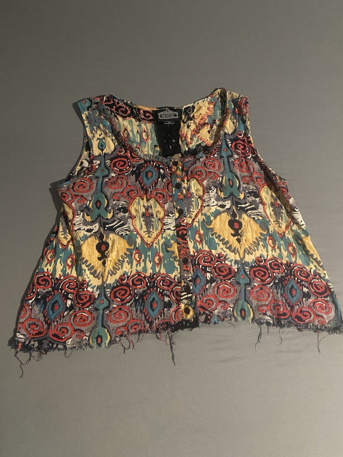 Angie Womens Top Large Yellow Red Ruffle Lace Hem Asymmetrical Sleeveless BOHO