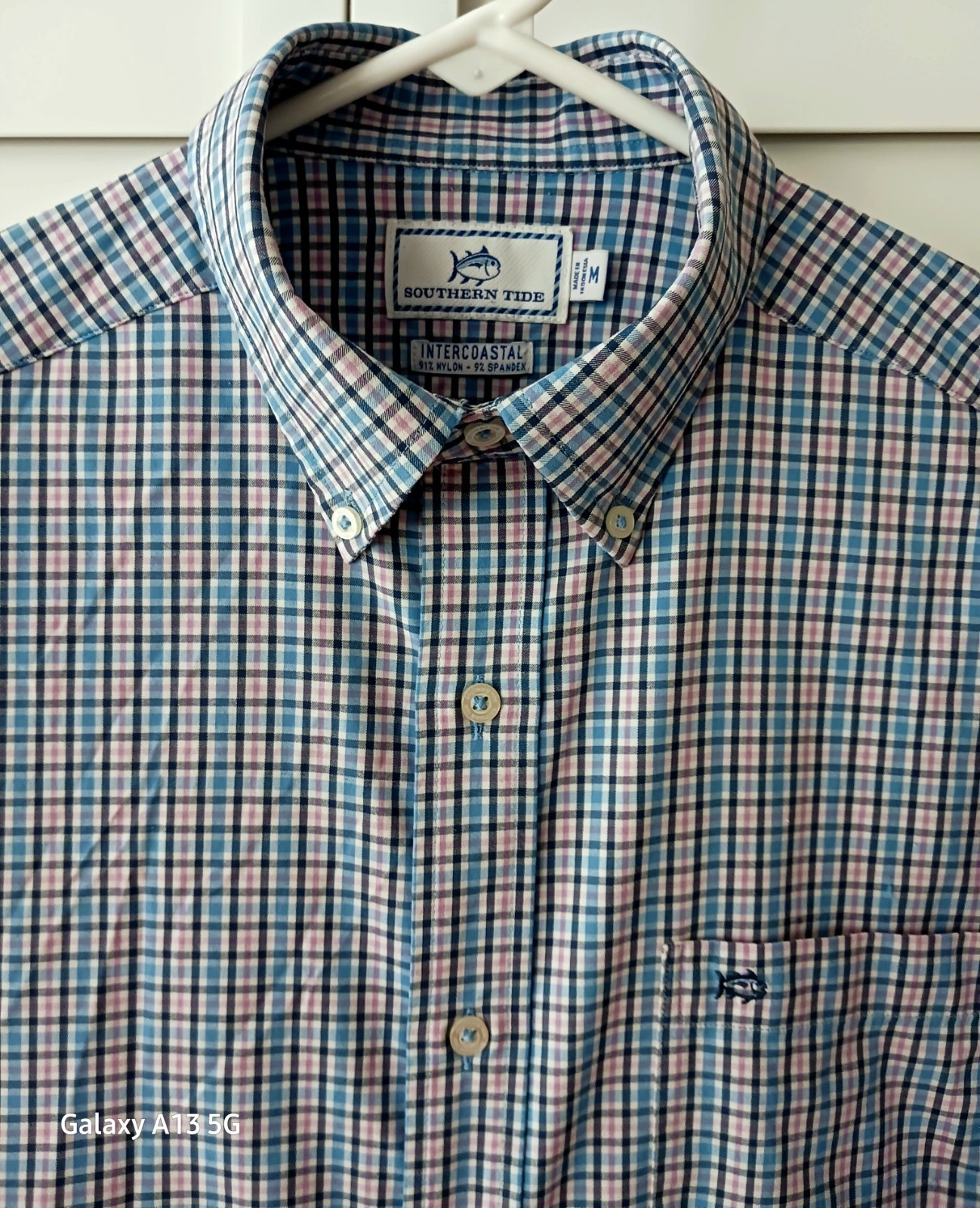 Southern Tide Intercoastal Blue Pink Check Nylon/Span LS Shirt Logo Men’s M EUC