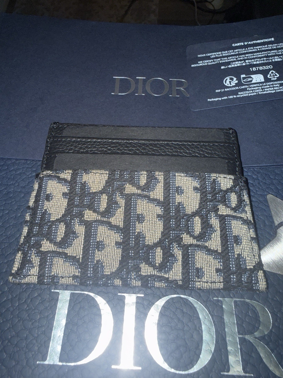 Dior Oblique Logo Card Holder Wallet Leather/Fabric Blue Beige Black w/Box