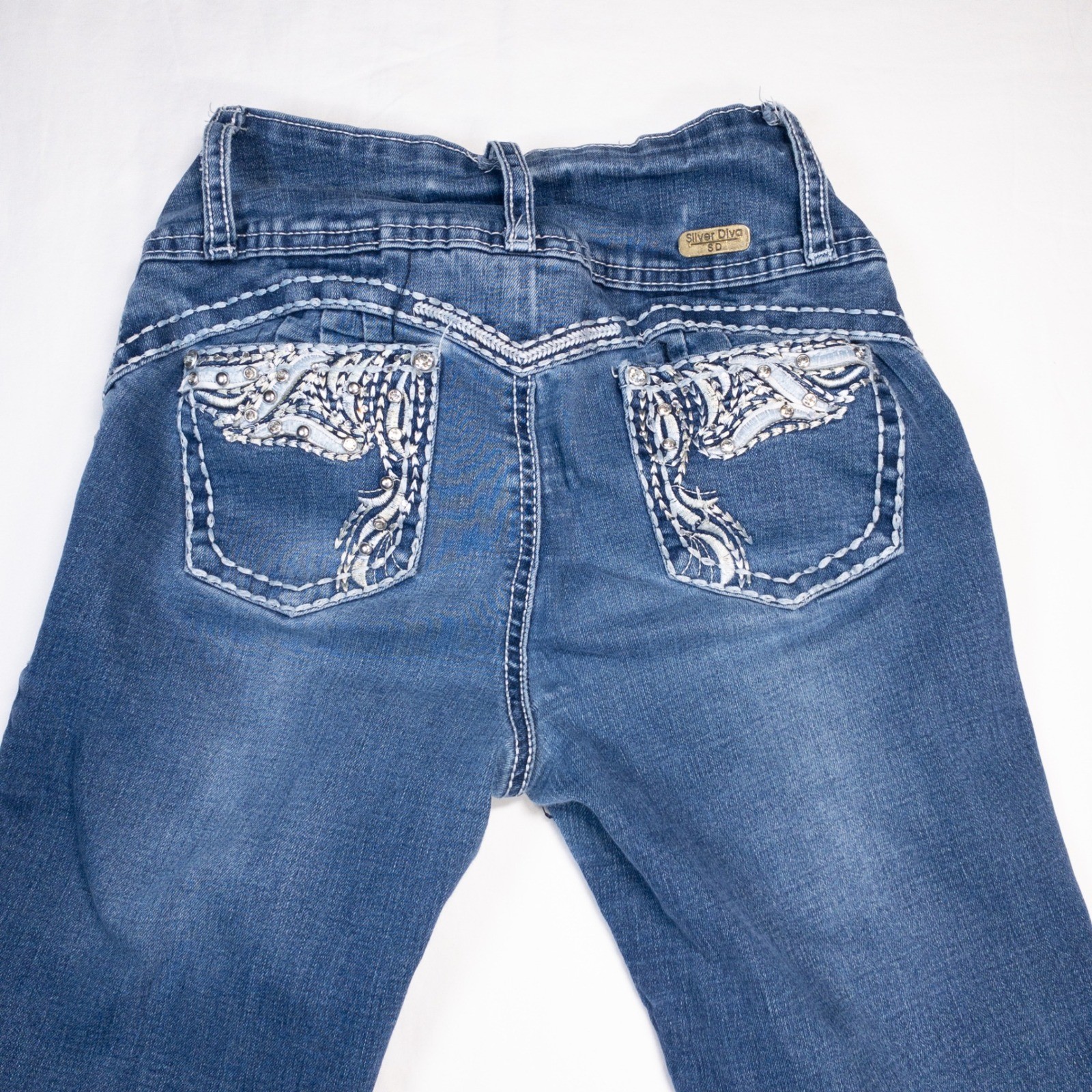 Silver Diva Womens Bootcut Jeans Blue High Waist Embellished Pockets Size 1