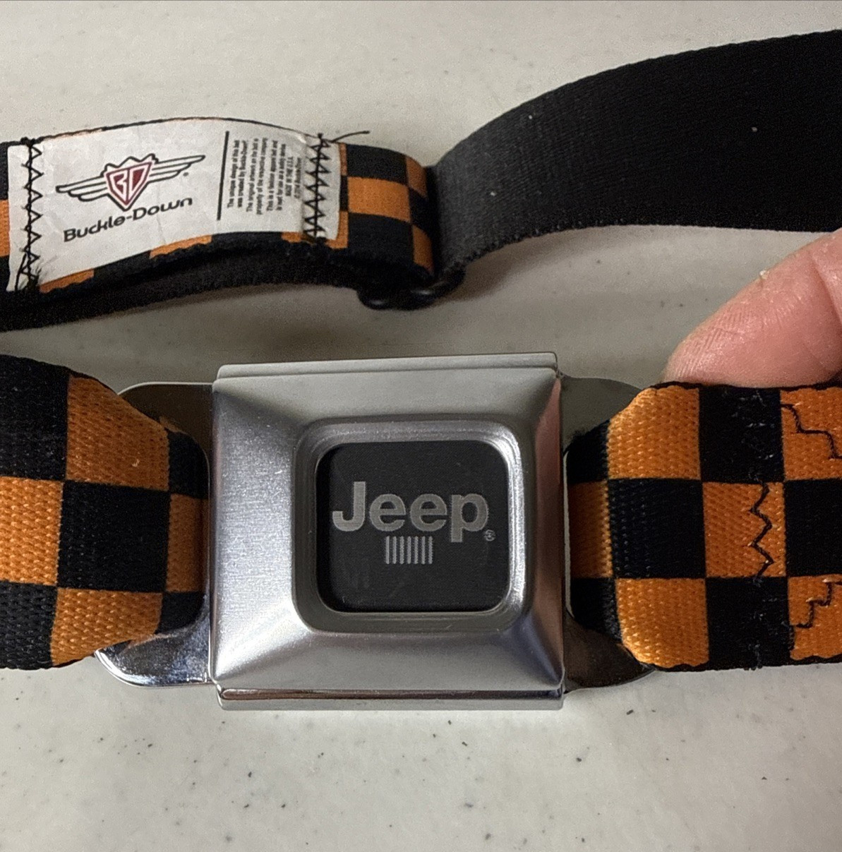 Buckle Down Seatbelt JEEP Logo Adjustable Belt Orange & Black Checkers Adult