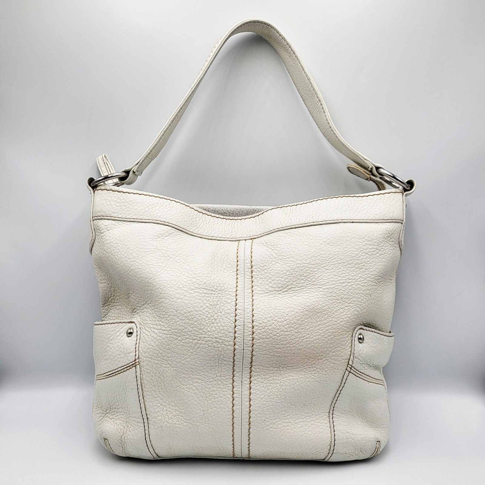 Celsius White Pebbled Genuine Leather Multicompartment Satchel Shoulder Bag