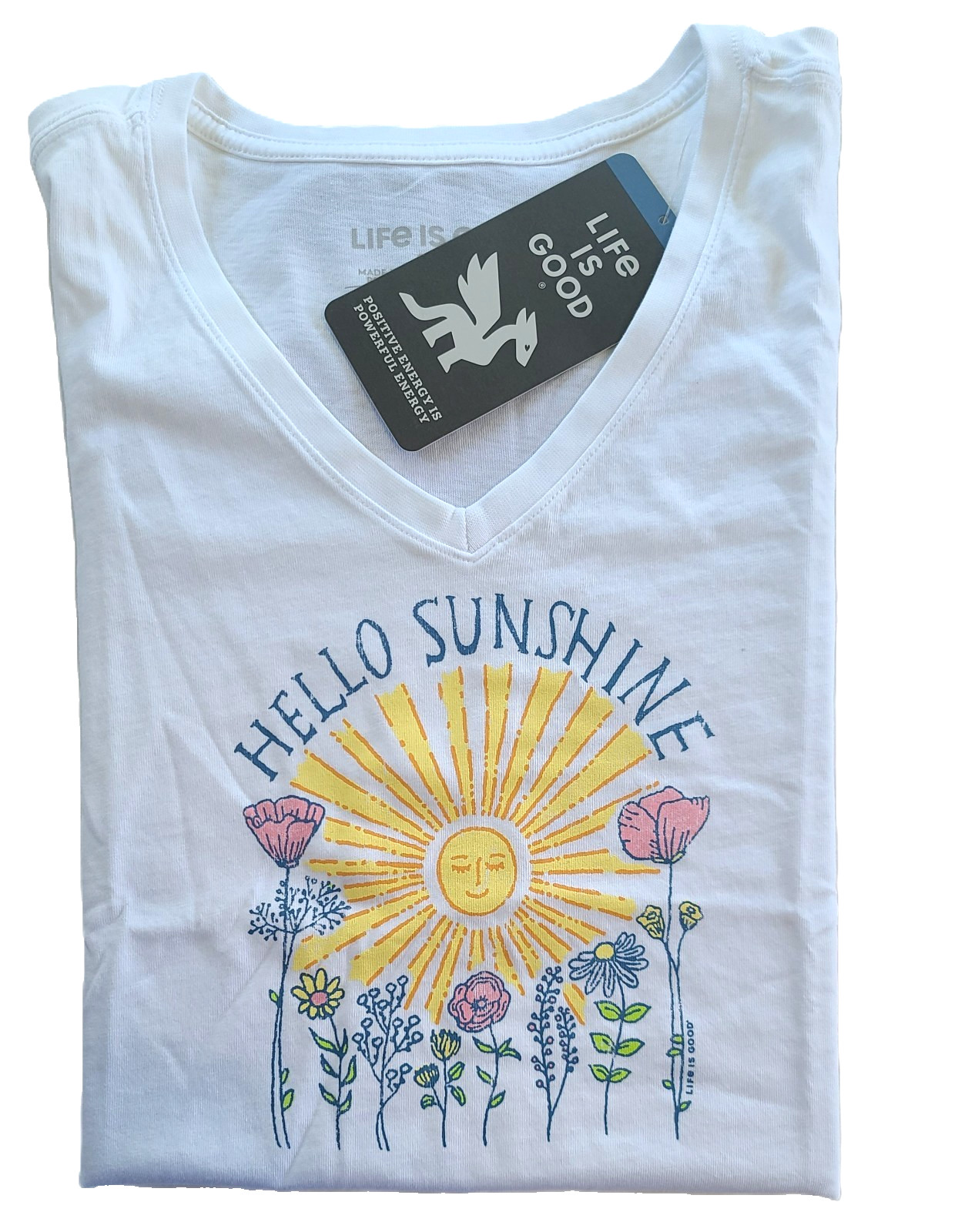 Life Is Good SS Shirt Crusher Vee HELLO SUNSHINE Sun Flower Poppy 44in Womens L