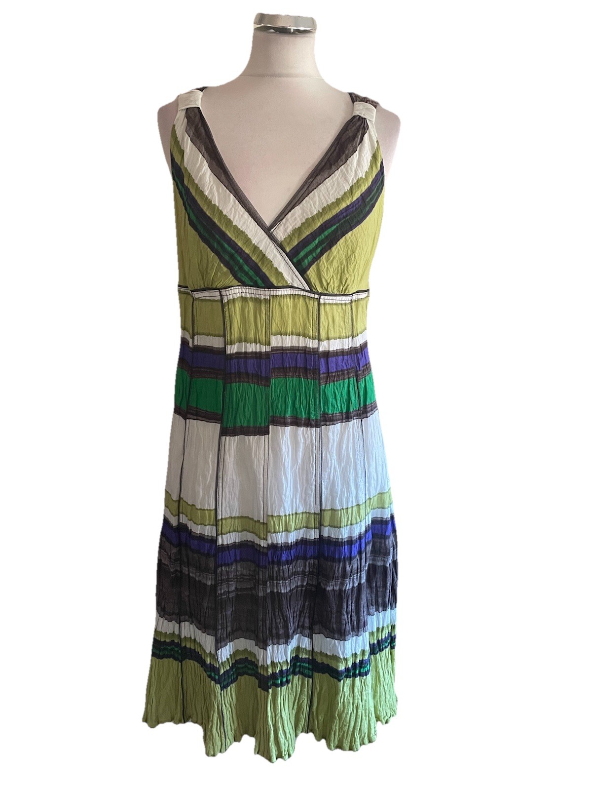 APANAGE MULTI COLOURED CRINKLE COTTON V NECK SLEEVELESS A-LINE DRESS SIZE 16