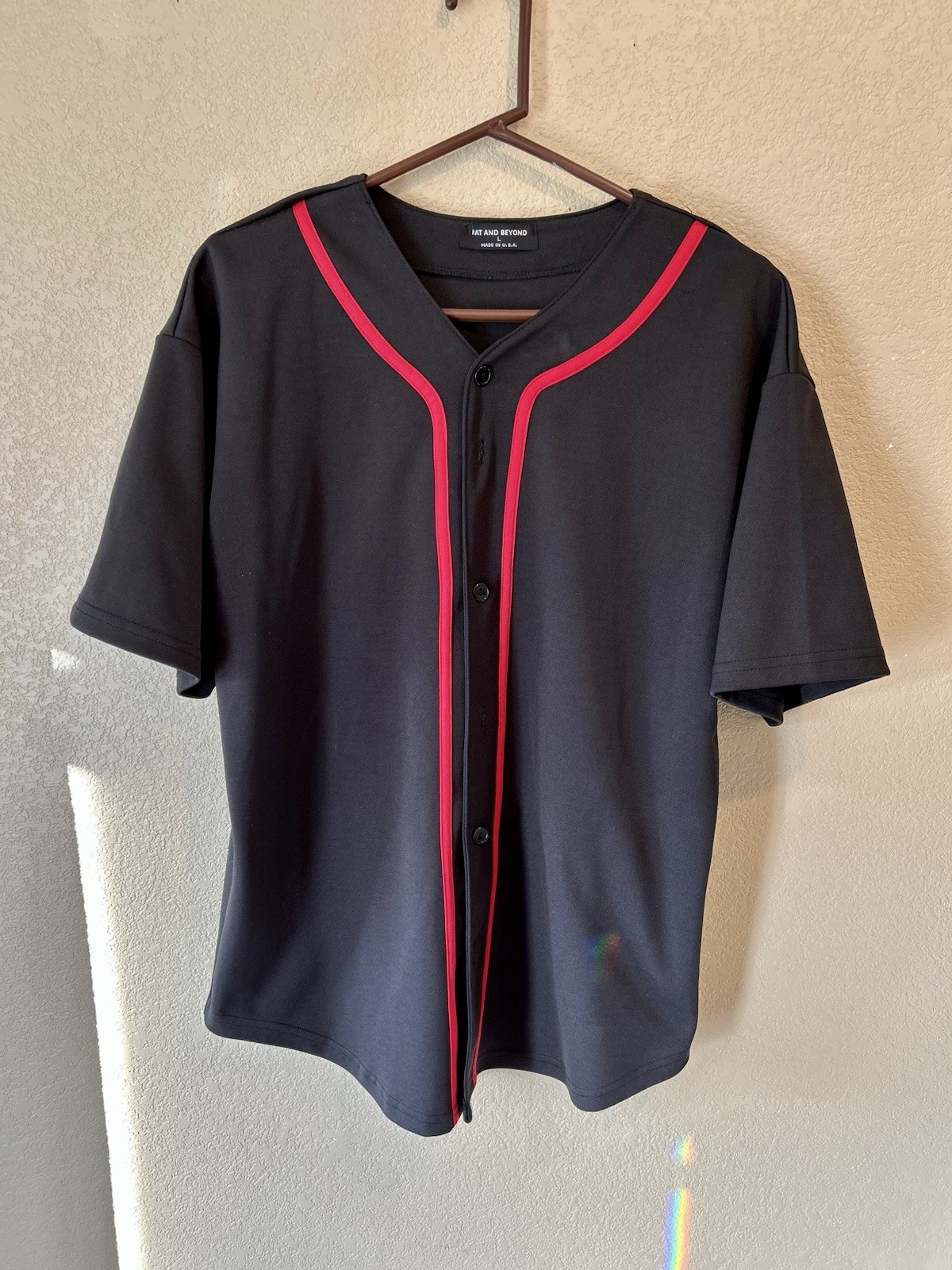 Hat and Beyond Men’s Size L Band Collar Button-Up Shirt Black Red Trim