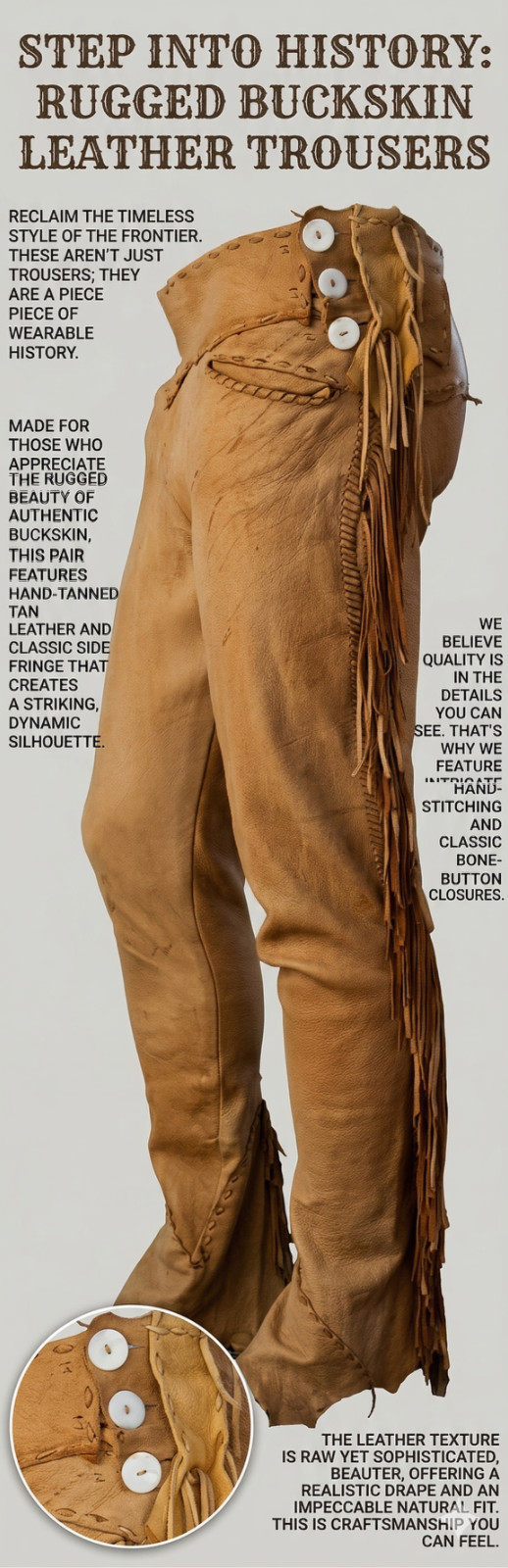 Men Native American Western Buckskin Buffalo Leather Ragged Fringe Pants