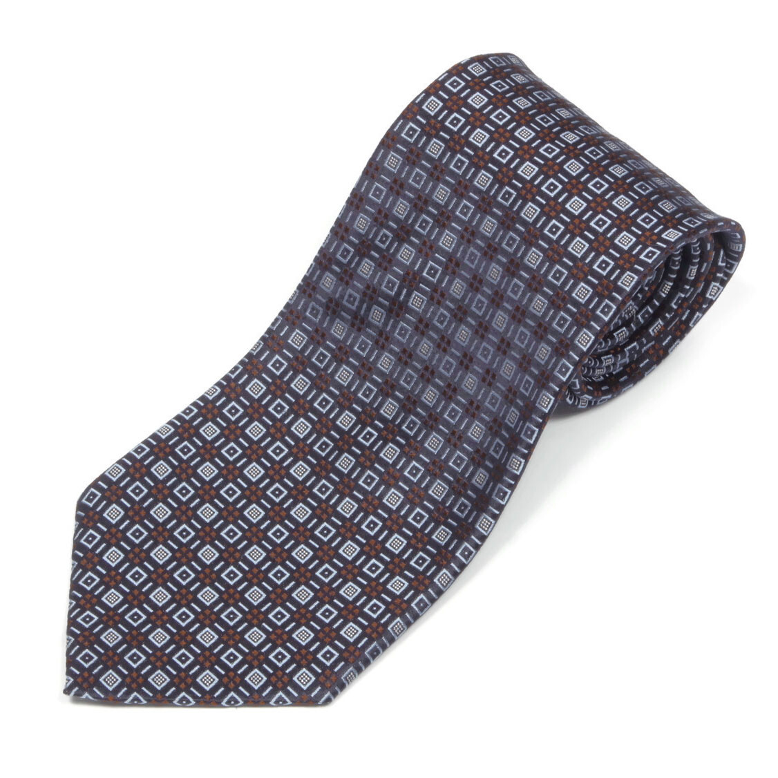 ERMENEGILDO ZEGNA Black ICe Blue Brown Geometric Squares Men’s Silk Neck Tie