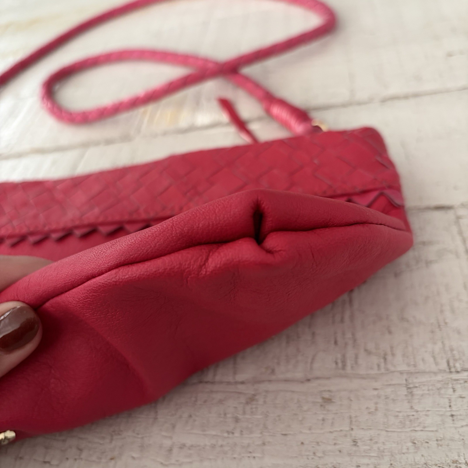 Elliott Lucca Bright Pink Leather Crossbody Clutch Purse Woven Trim
