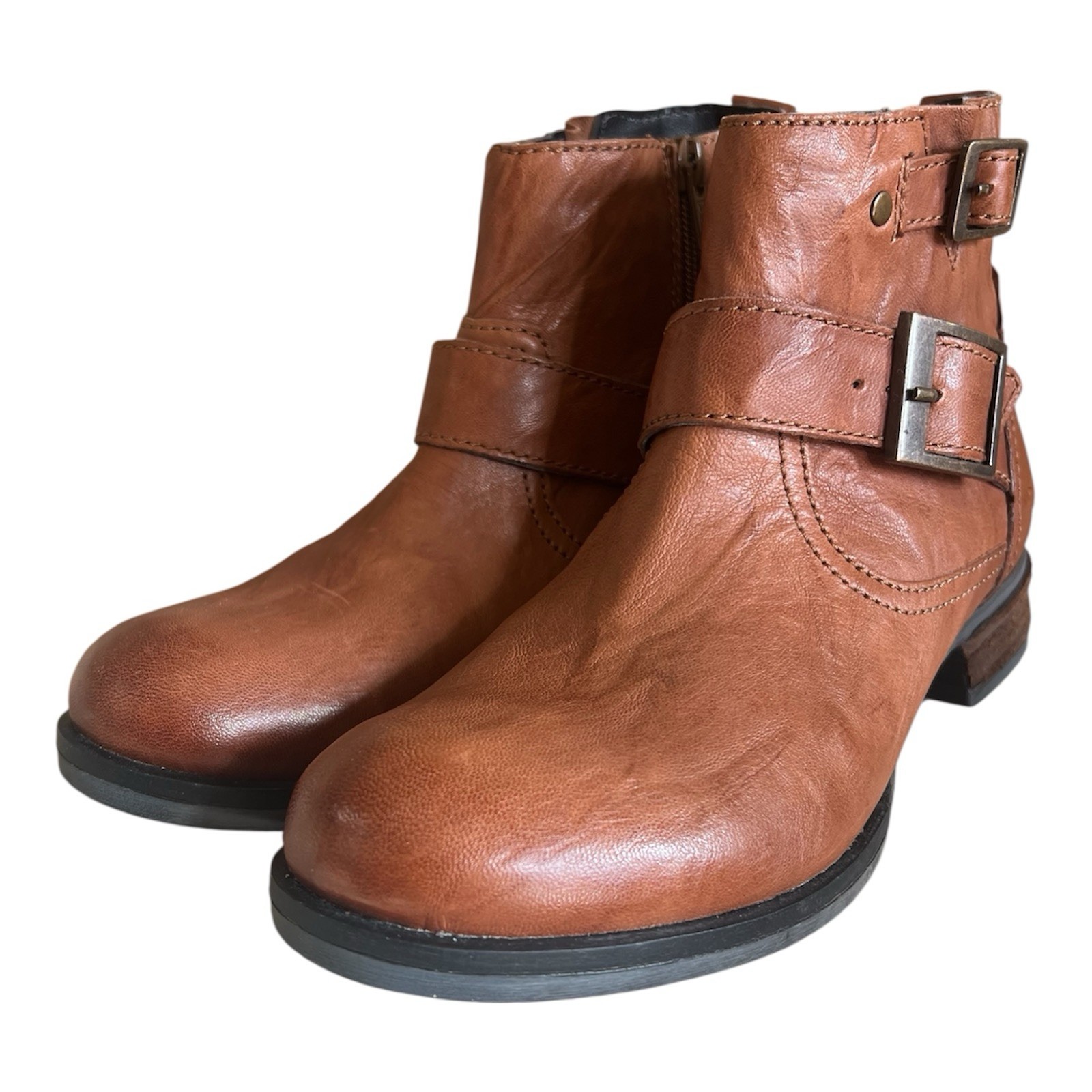 Josef Seibel Sanja 16 Buckle Leather Cognac/Brown Ankle Booties EU36, 37, 40 NEW