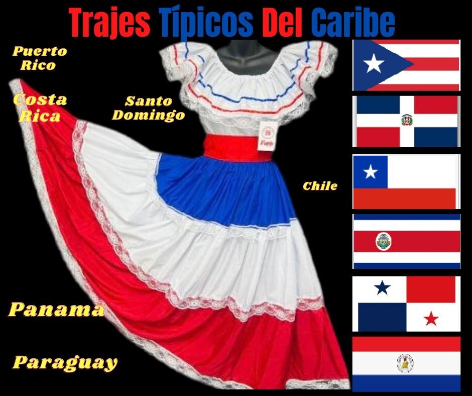 Caribe Typical 3 P/C Set Flag Color Skirt Set, Ropa Tipica Del Caribe. (3 Piece)
