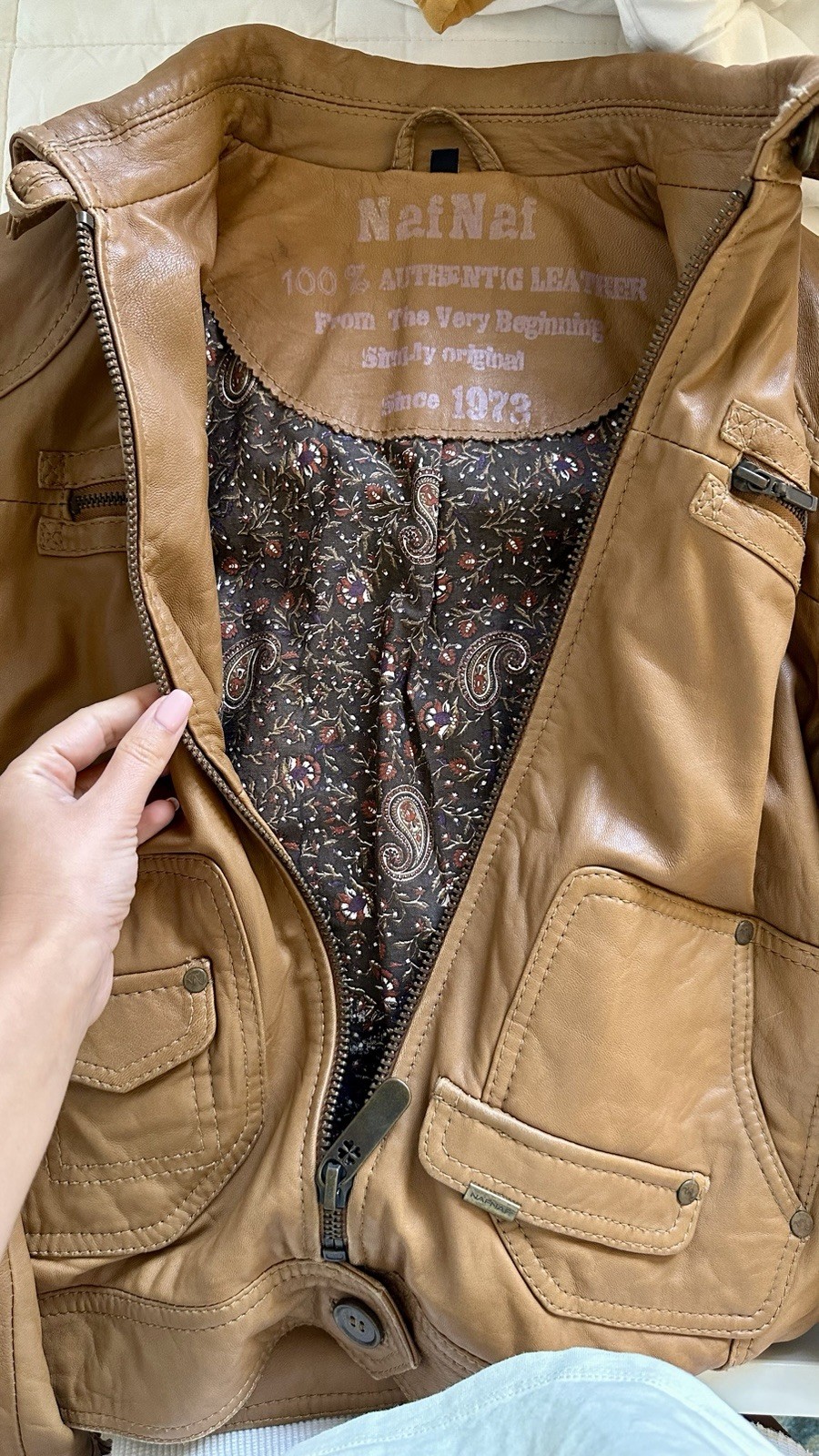 Vintage Naf Naf Cognac Genuine Sheepskin Leather Zip front Jacket Women’s L M