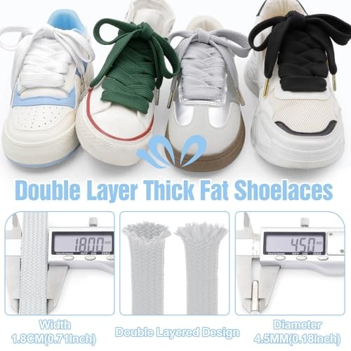 Flat Thick Shoe Laces: 18MM 55 Inch (140cm) 02 White With Silvery Metal Tips