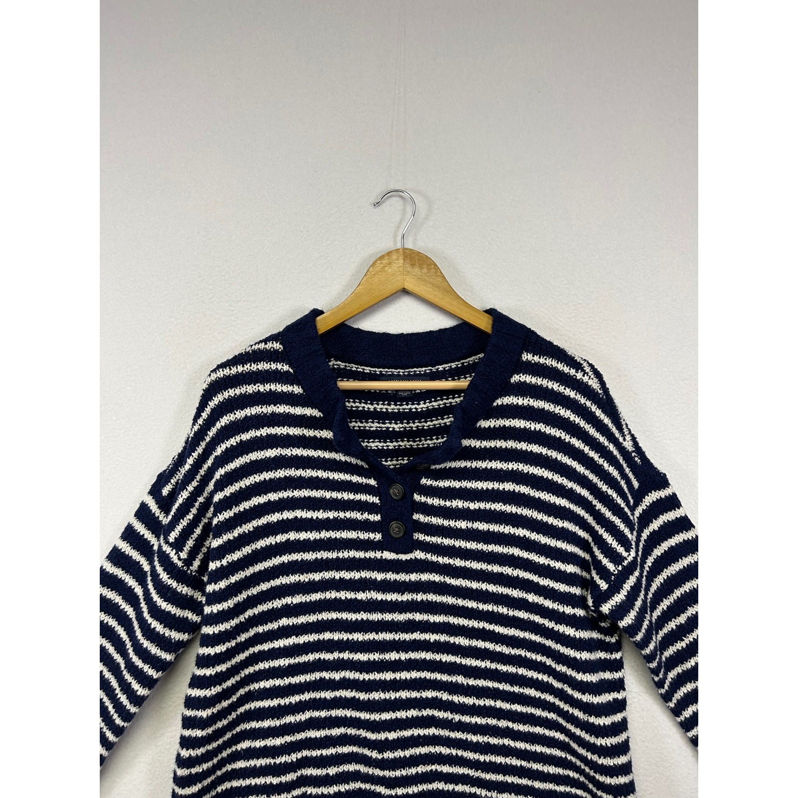 Coastal Nautical American Eagle Womens S Navy White Striped Henley Knit Sweater