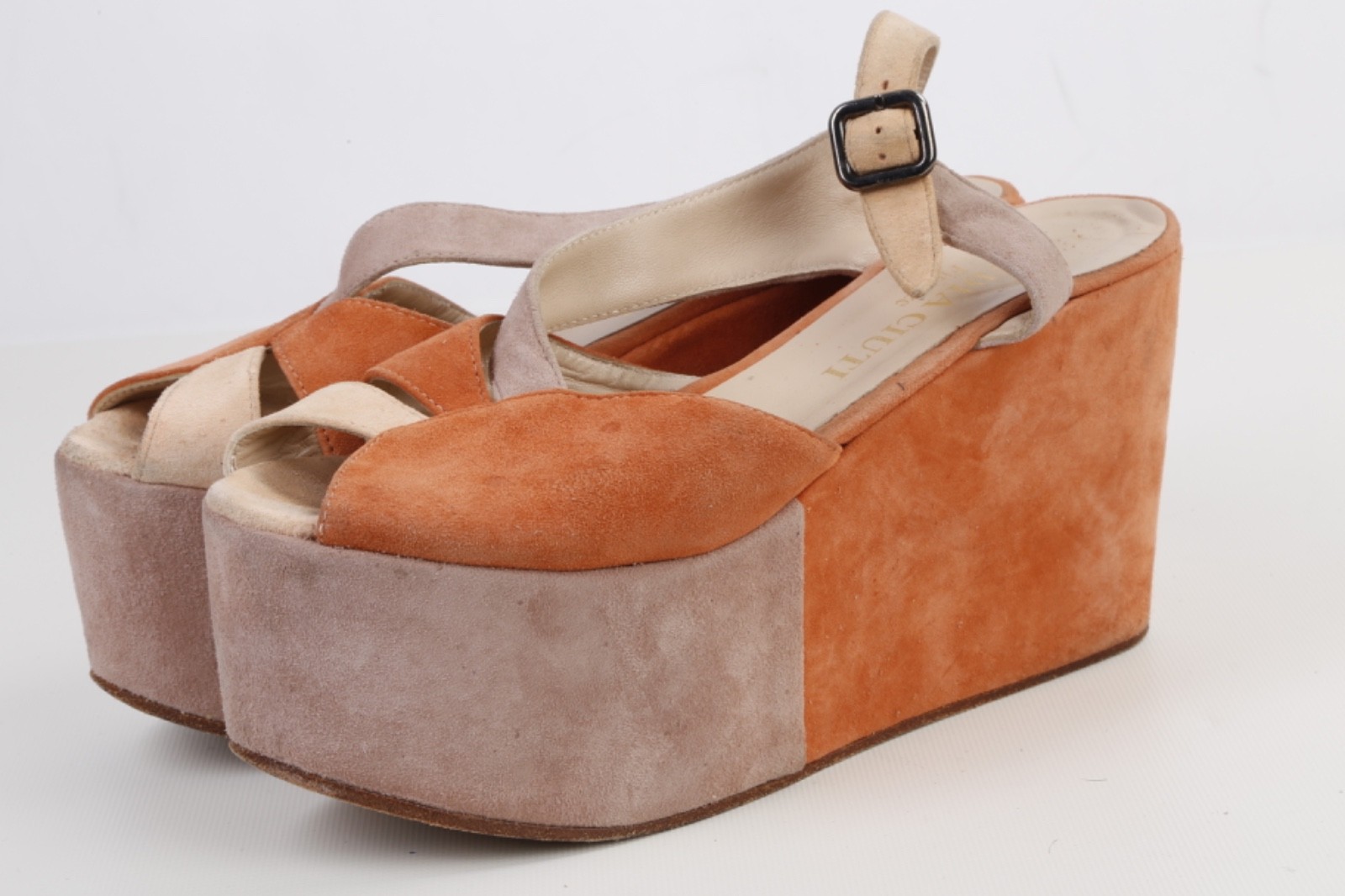 Claudia Ciuti Italian Suede Platform Wedge Sandals Tan Orange Colorblock Size 7M