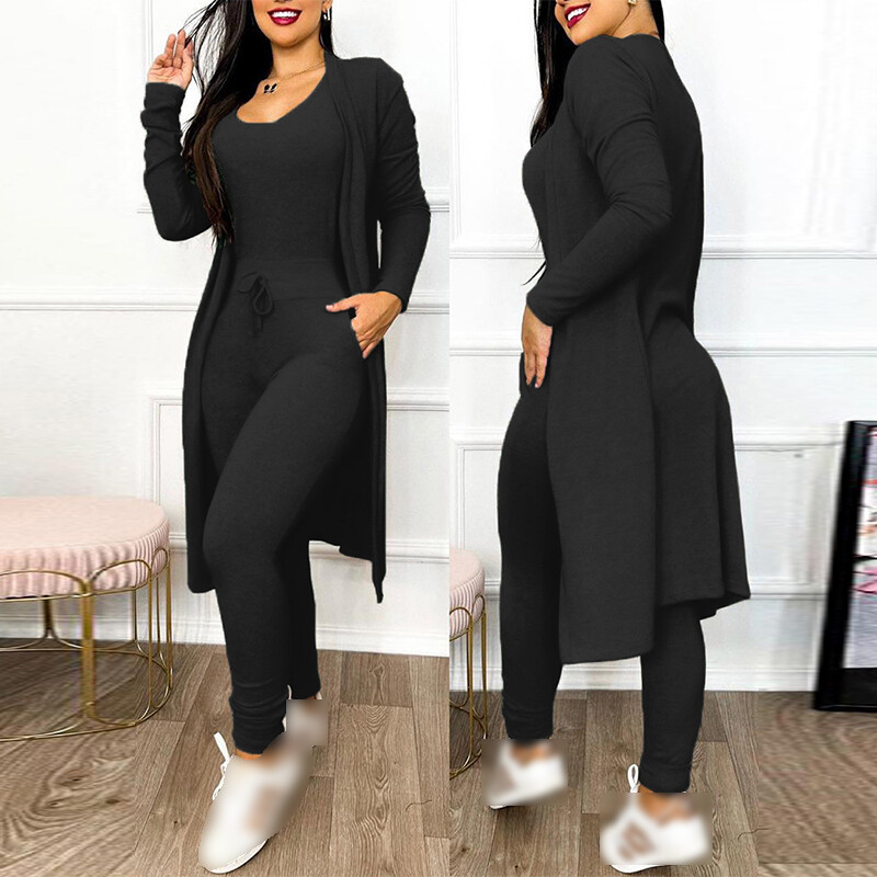 Women Outfit U-Neck 2 Pcs Sleeveless Skinny Jumpsuit & Long Sleeve Coat Cardigan