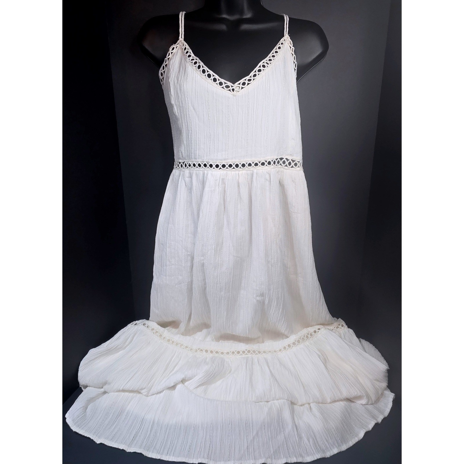 Lulus Ivory Crinkle Gauze Crochet Trim Tiered Maxi Dress Lace Up Back Medium NWT
