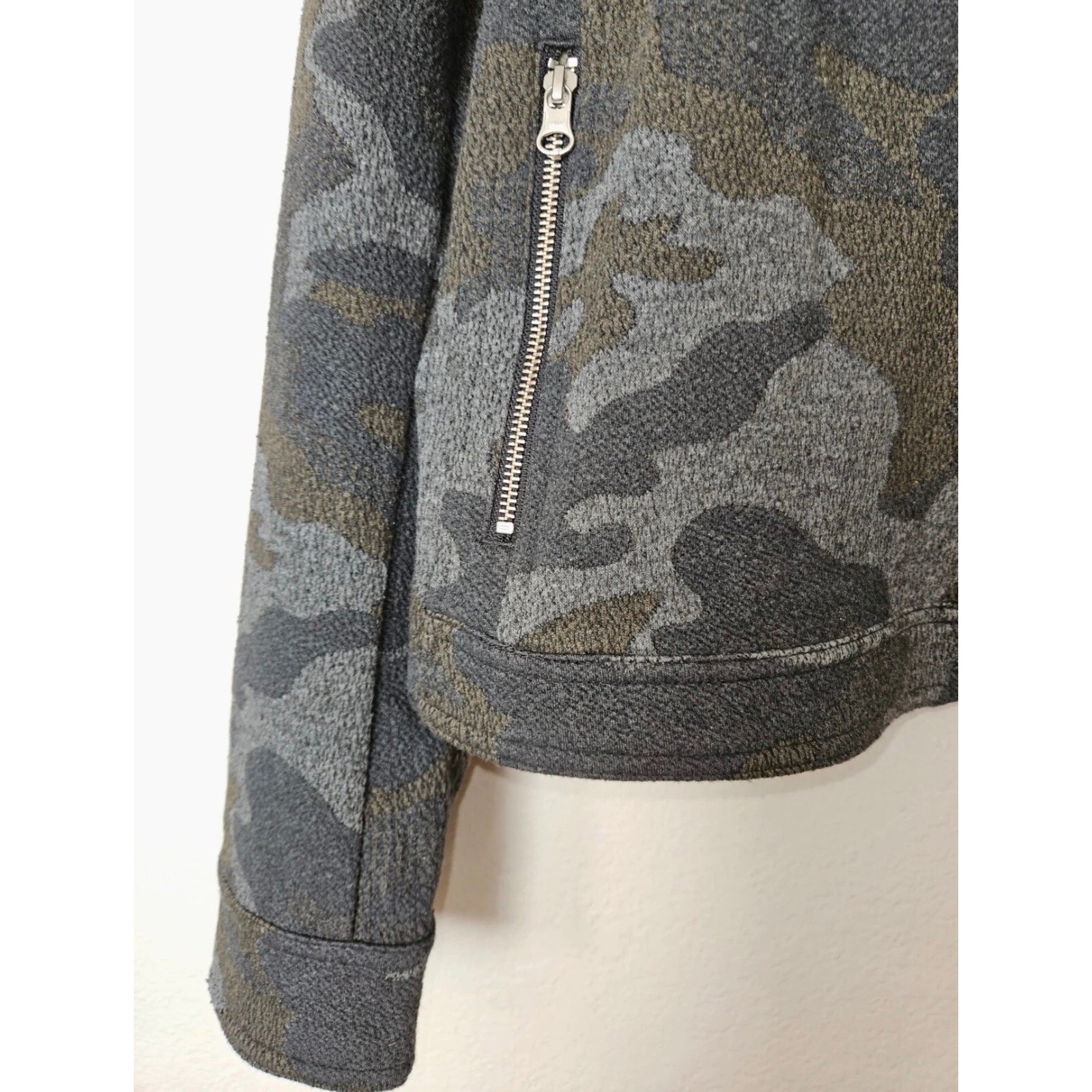 Anthropologie Robin Camo Moto Jacket Women Medium Green Grey Knit Asymmetric Zip