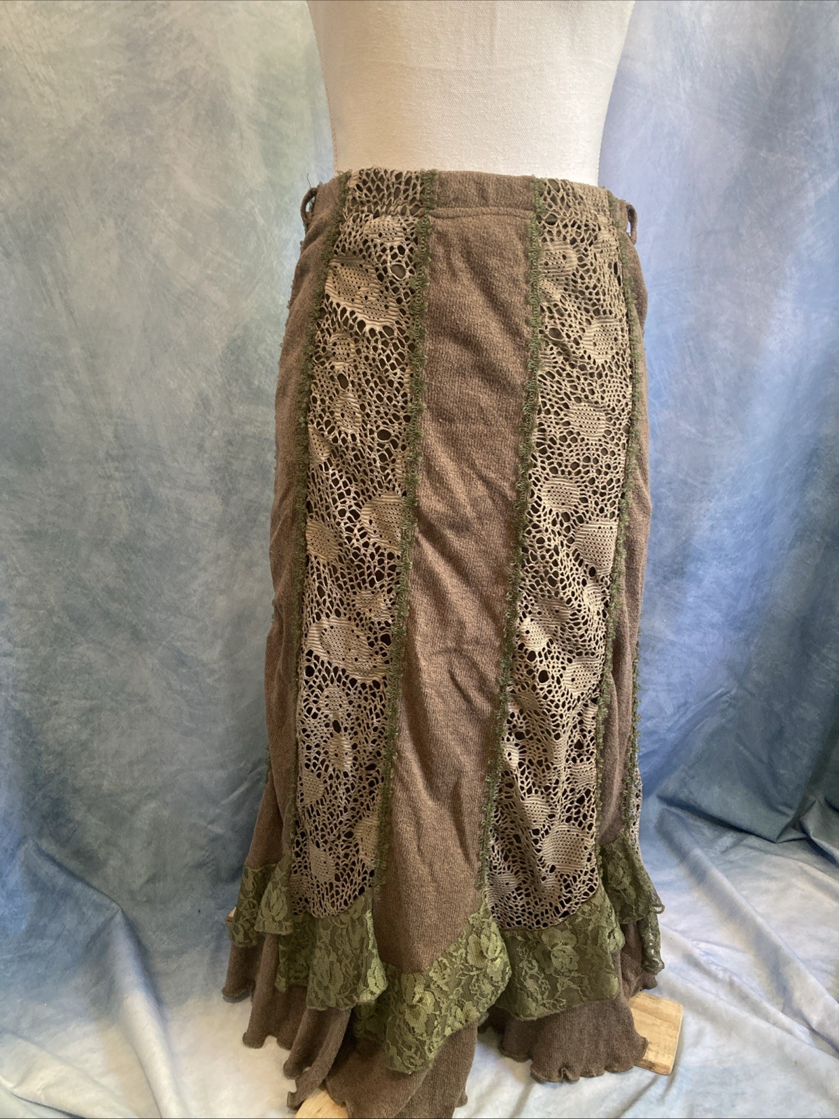 Pretty Angel Boho Crochet Lace Maxi Skirt Brown Green Fairycore Whimsigoth Med