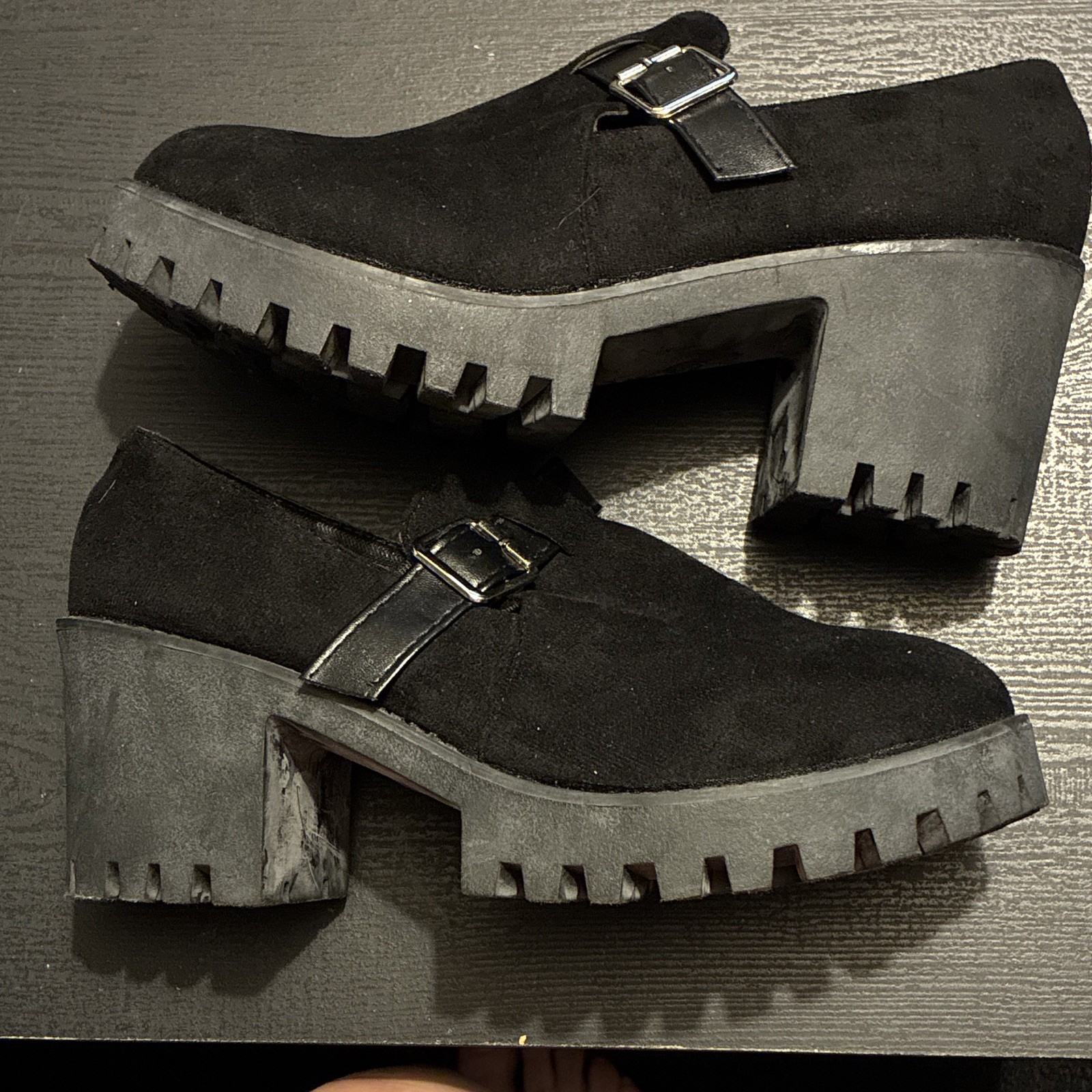Black Faux Suede Lug Sole Buckle Strap Ankle Bootie Round Toe Comfort 9