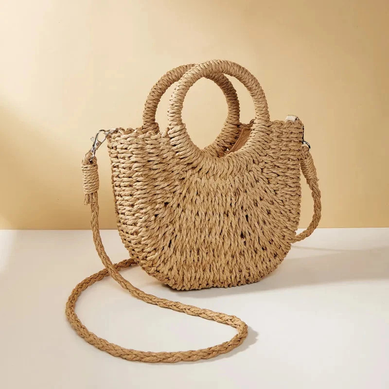 Handwoven Straw Rattan Half-Moon Beach Handbag Large Capacity Women Summer