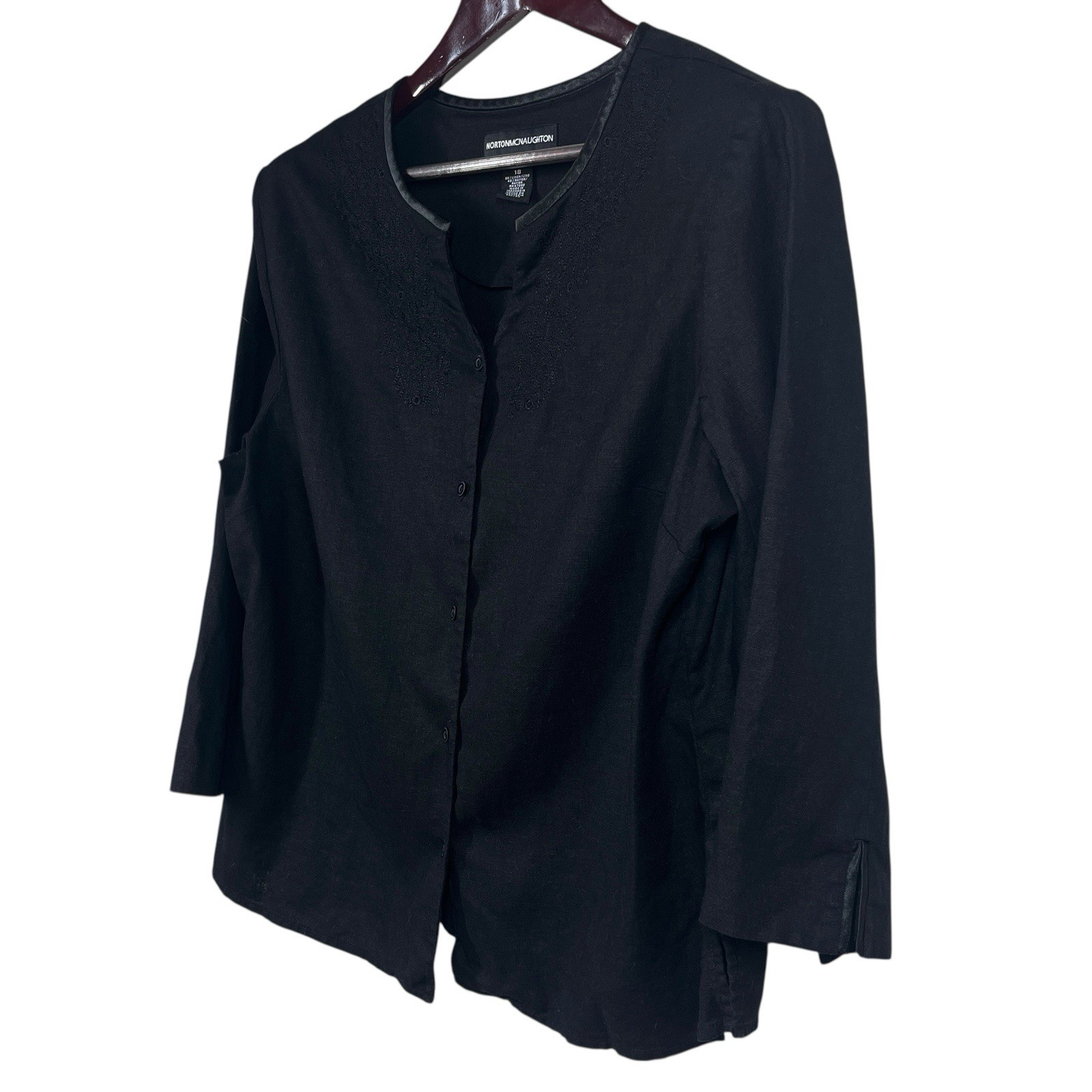 Norton Mcnaughton Linen Blend Blouse Womens 18 Black Floral Stitching Lagenlook
