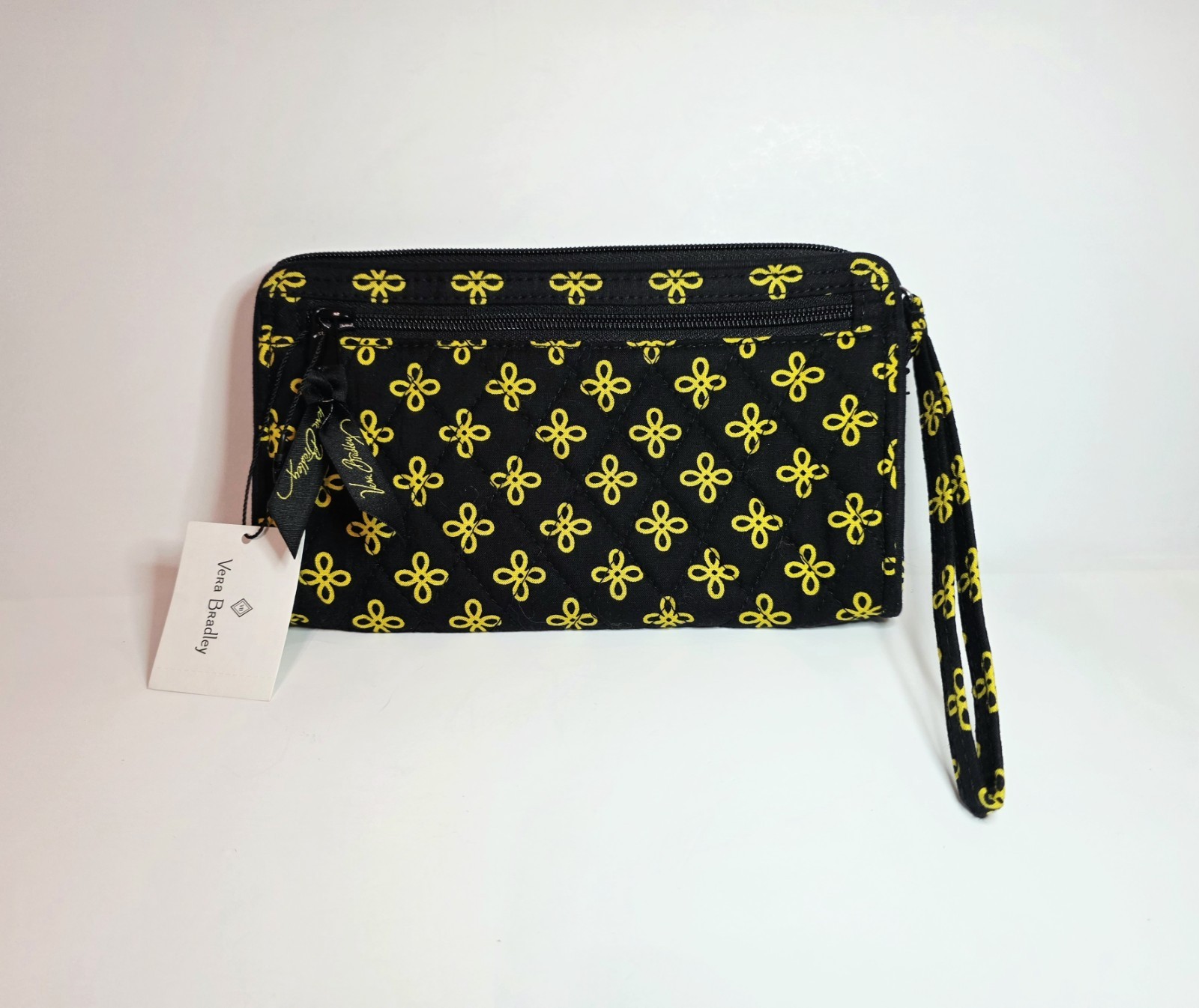 NEW Vera Bradley Gold Yellow Black Mini Concerto Front Zip Wristlet Wallet 7.25″