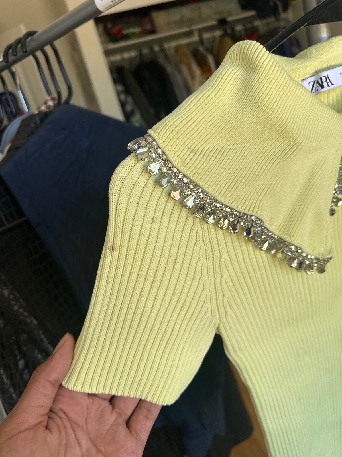 Zara top jeweld collar small yellow/green
