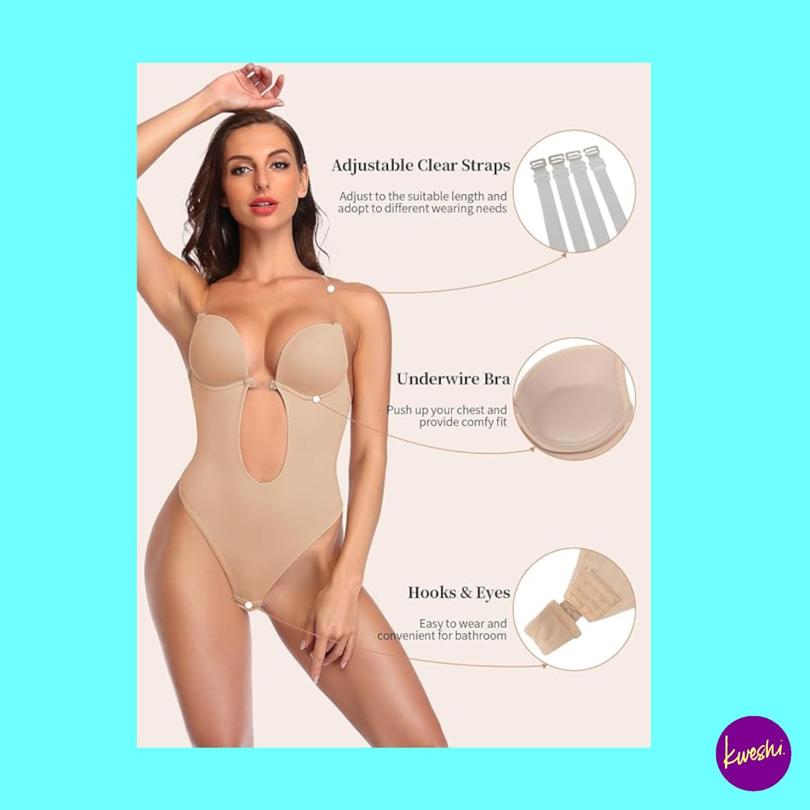 SHAPERIN Women’s Backless Deep V Neck Shapewear Bodysuit, Nude, UK S | EU S