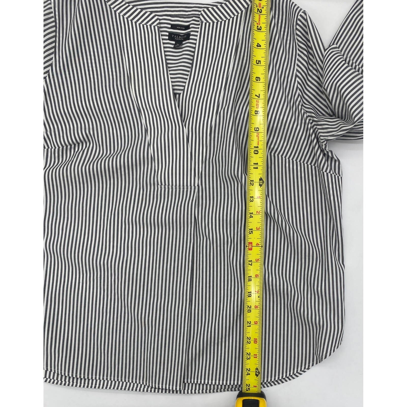 Talbots Womens Plus Petite XP Non-Iron Striped Split Neck Blouse Navy White