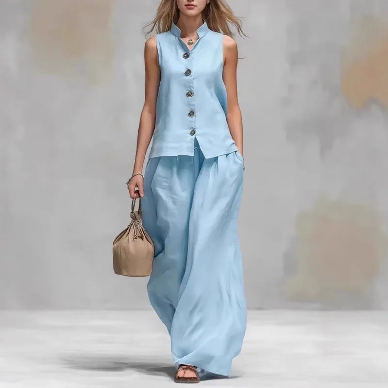 Bohemian High Waist 2Pcs Suit Women Stand Neck Sleeveless Button Vest Oversized