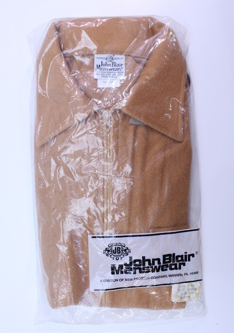 NOS VTG John Blair Menswear Full Zip Sweater Solid Tan Brown Retro M USA NPC