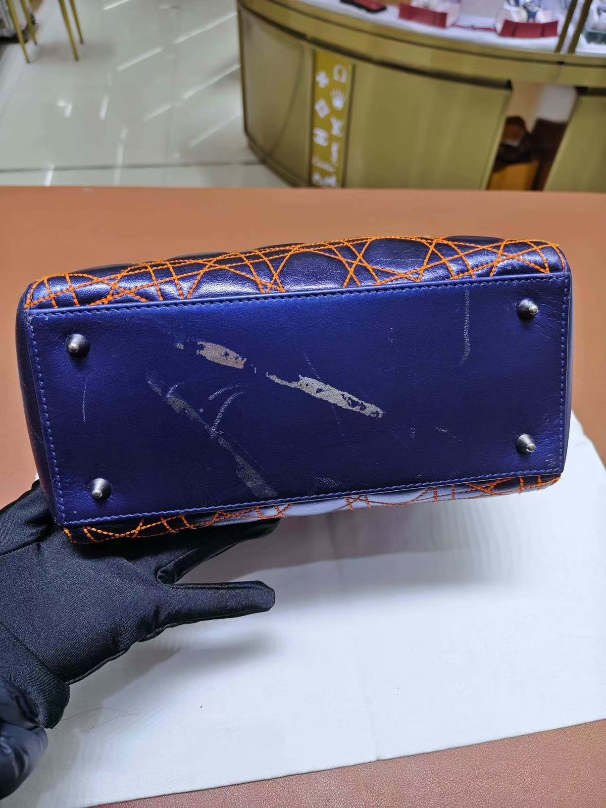 Dior Lady Dior Small Blue Calfskin Orange Stitching Cannage Handle/Crossbody Bag