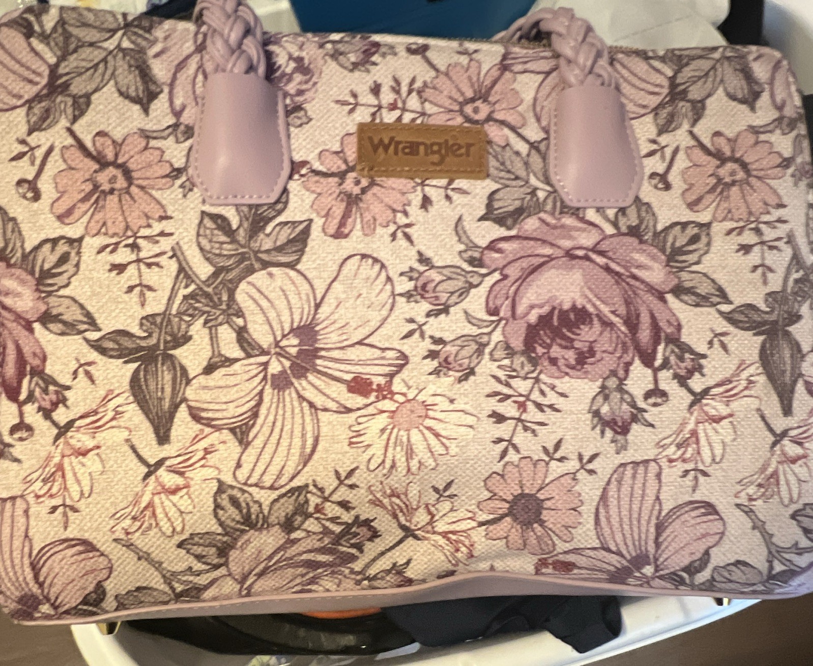 Wrangler Floral Tote Bag Braided Double Handles Beige Pink Purple