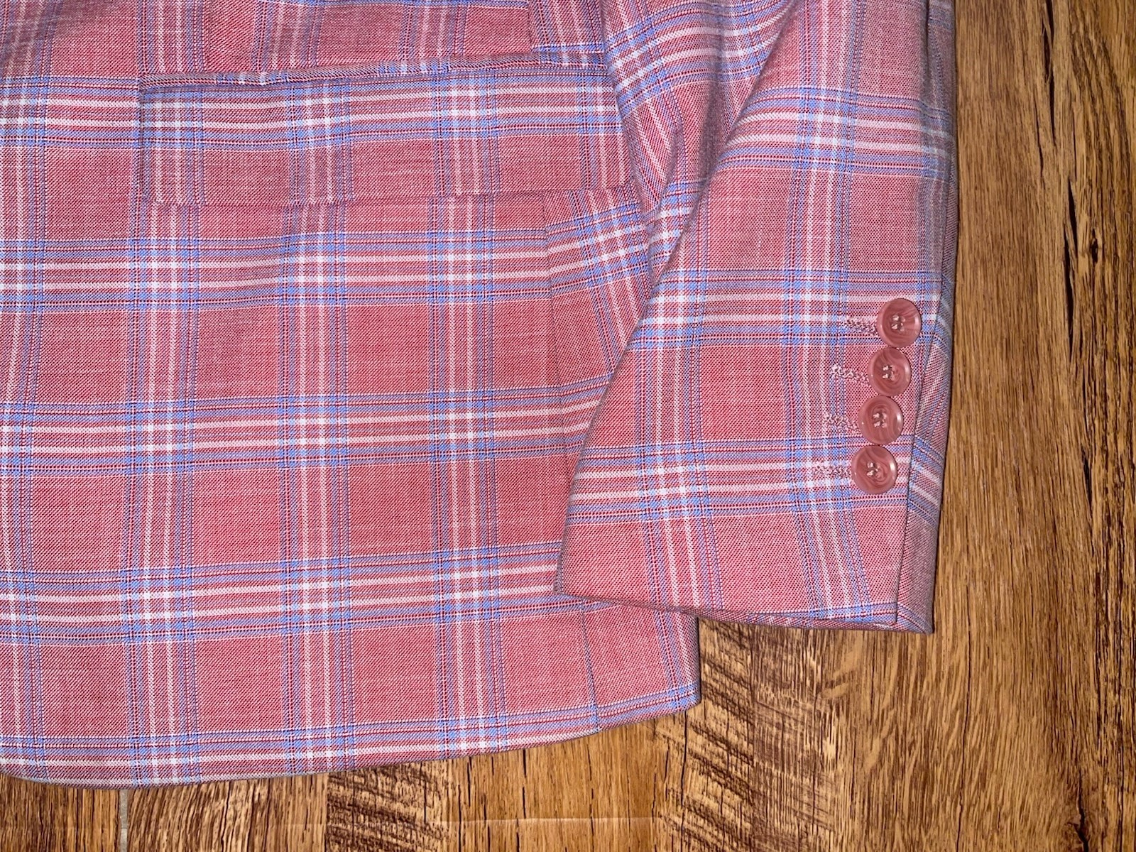 Men’s Lineage Pink Blue Plaid Polyester Blend Blazer Suit Sz 42S Pants 35×29