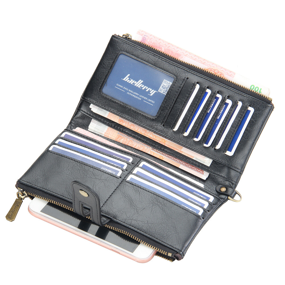 Mens RFID Wallet with Anti-Theft Chain Large Capacity Double Zipper Phone Purse