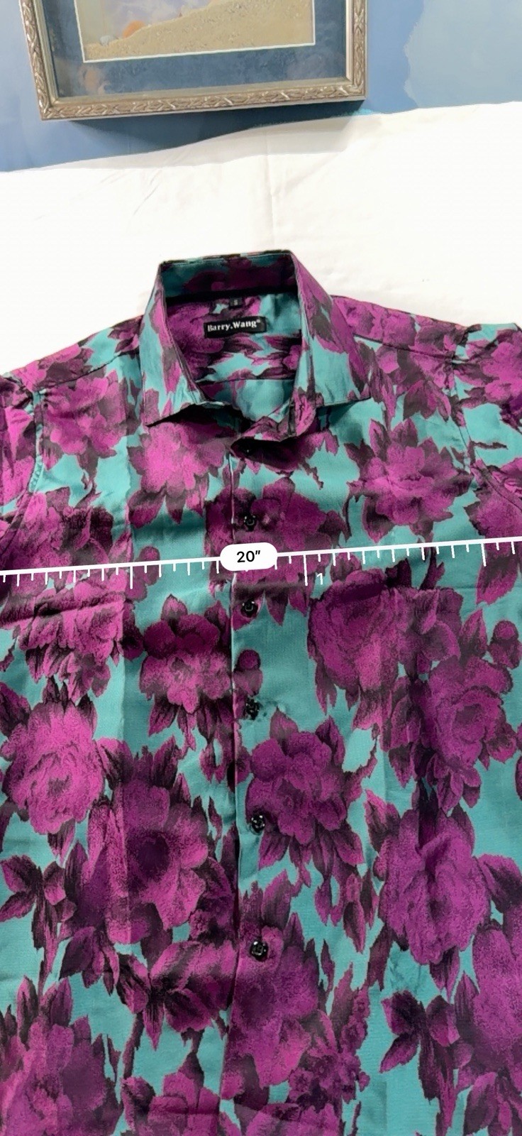 Barry Wang Men’s Teal Purple Dress Shirt Shiny Floral Button Up Small NWOT C68