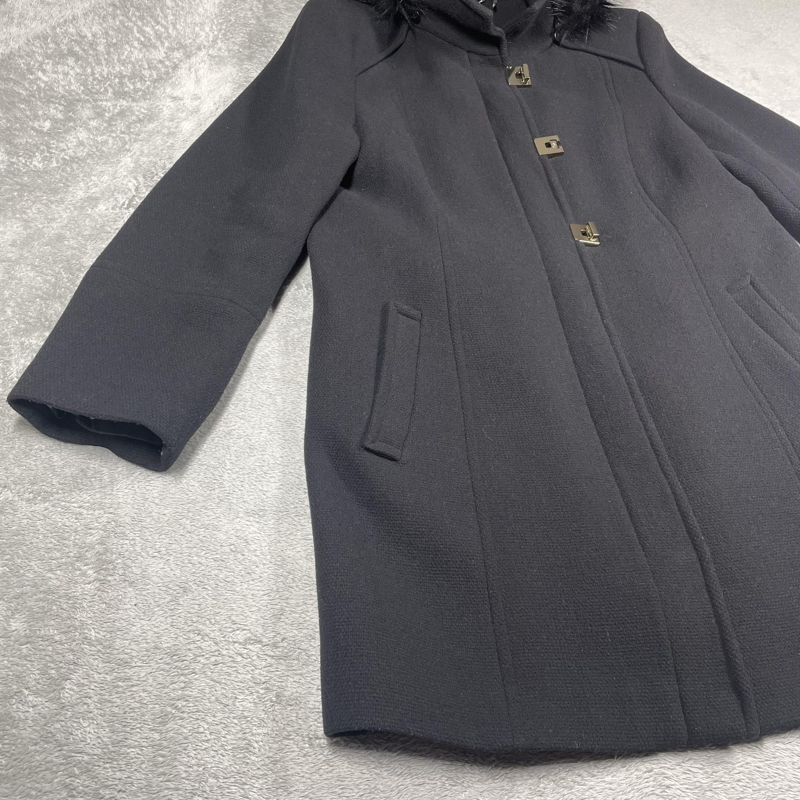Calvin Klein Coat Womens XL Black Wool Blend Hooded Belted Faux Fur Parka