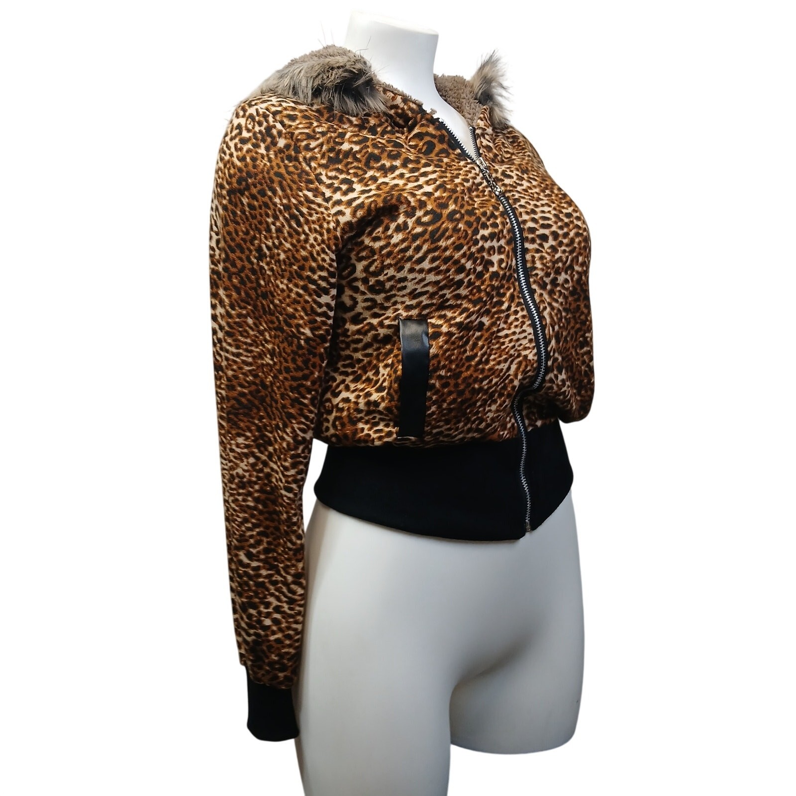 Hendi Hooded Bomber Jacket Leopard Animal Print Faux Fur Trim OS