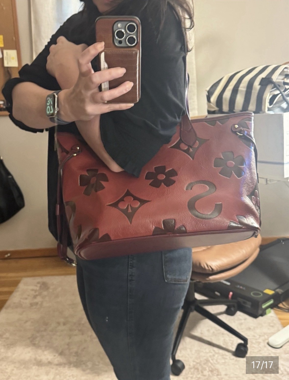 Red embossed floral vegan leather tote w/ CB Strap & Zip Pouch