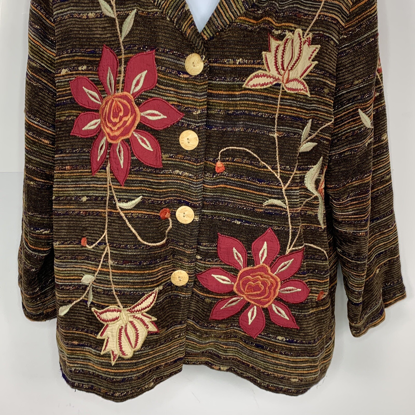Indigo Moon Brown Floral Jacket Sz M 3/4 Sleeve Button Front Boho VINTAGE JN17
