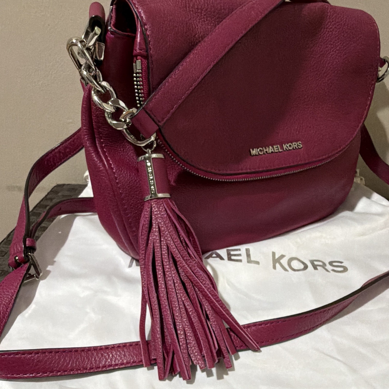Michael Kors Burgundy Pebbled Logo Crescent Shoulder Bag Tassel Zip Pockets