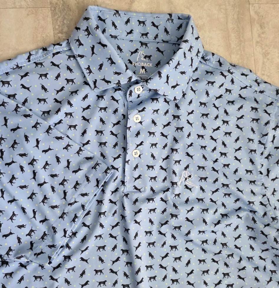 Rhoback Men’s Golf Polo Size Medium Blue All Over Dog Print Stretch Performance