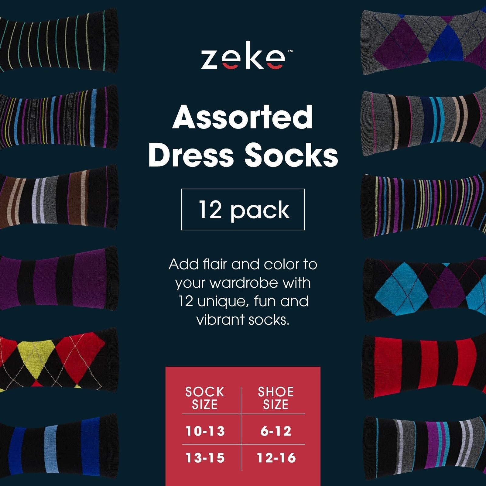 ZEKE Men’s Dress Socks Funky Fun Colorful Crew Socks 12 Assorted Patterns