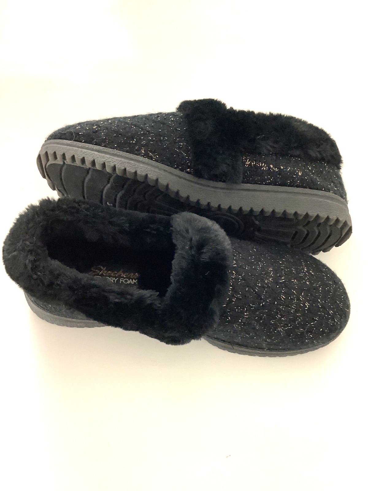 Skechers Black/Gold Spec Cozy Knit Faux Fur Lined Slippers Size 8.5 In/Outdoor
