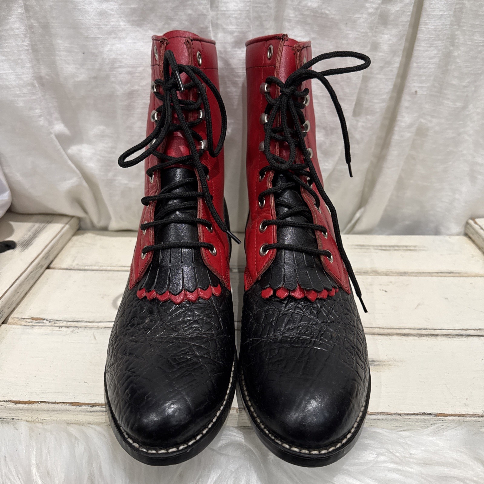 Red black Leather Boots Cowgirl Womens Sz 7B Granny Grunge Gothic Punk saloon