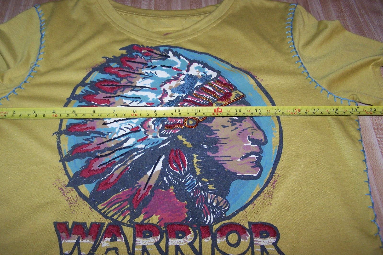 DOUBLE D RANCH L Indian WARRIOR Embroidered Beaded Graphic Western Tee Shirt EUC