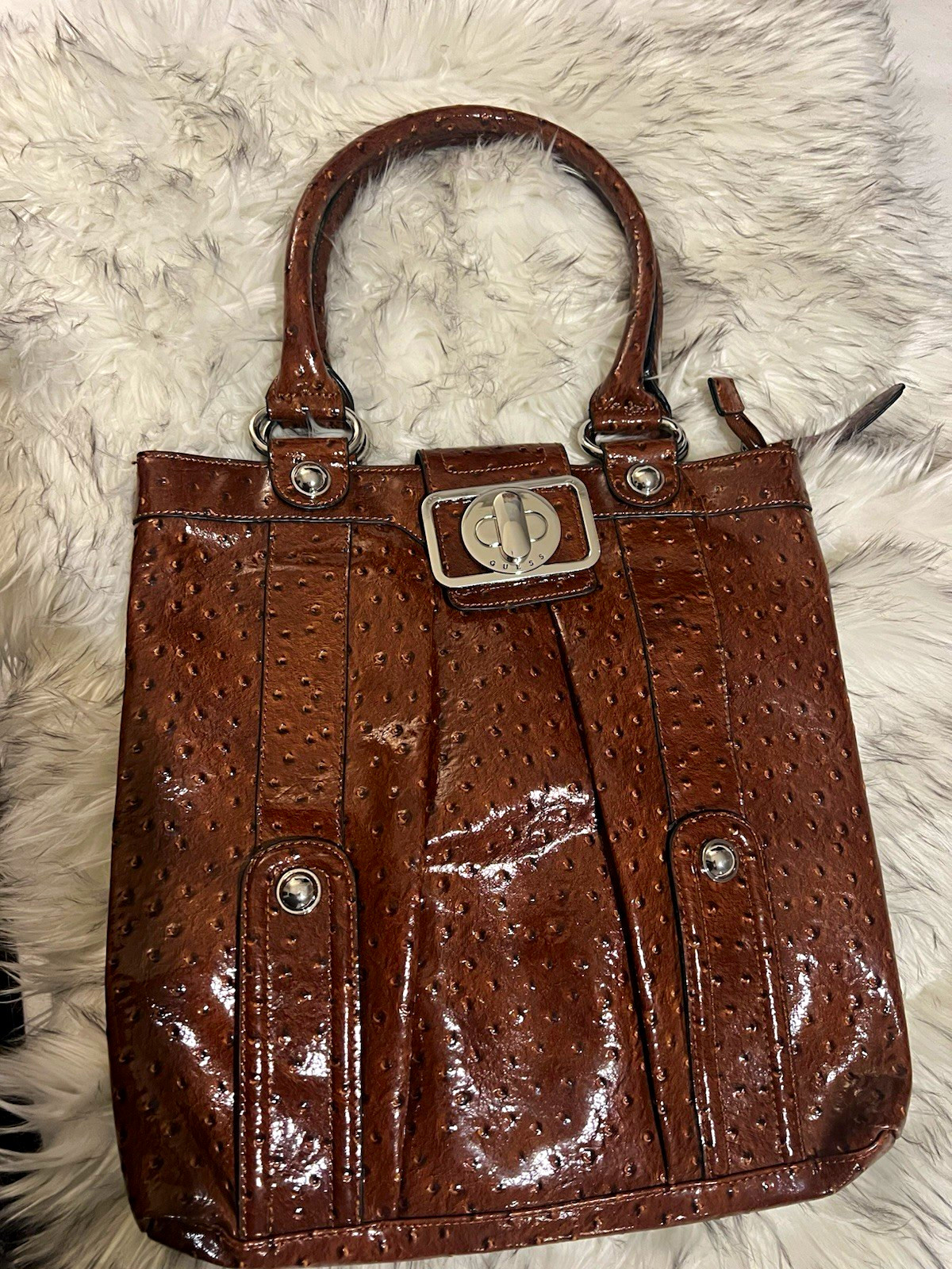 GUESS Brown Patent Ostrich Top Handle Satchel Bag Zip Closure Lined Pockets