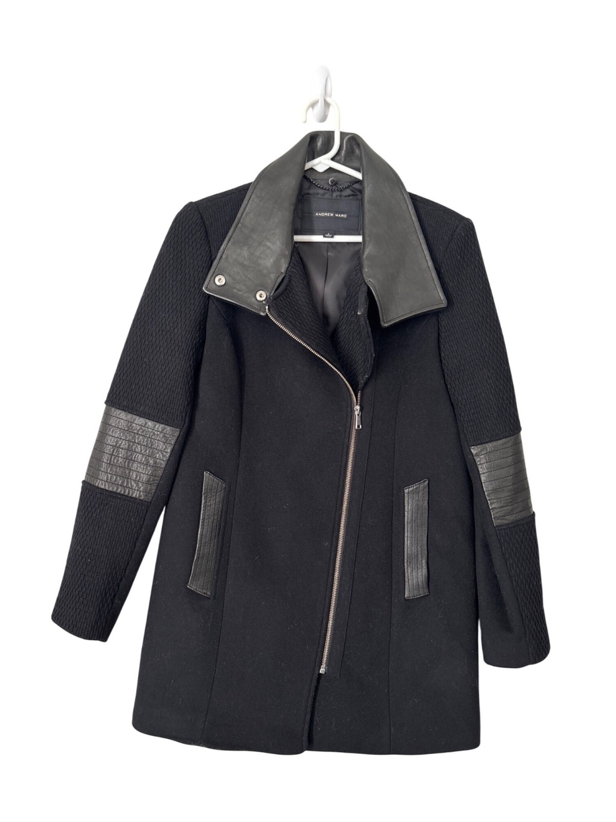 Andrew Marc Coat Size 4 Zip Up Long Sleeve Faux Leather Trim Virgin Wool Black