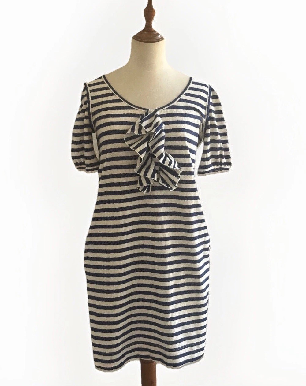 See By Chloé Womens Striped Blue White Ruffle Front Shift Dress Size (4)