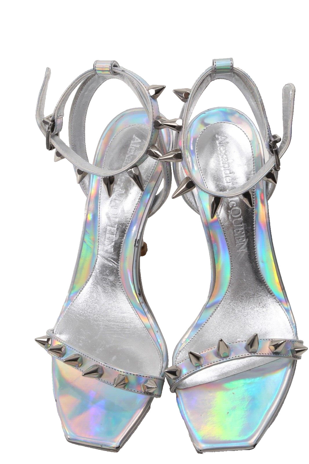 Alexander McQueen Metallic Silver Patent Leather Strappy Heel Sandals Size 37.5